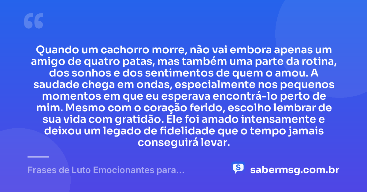 Quando um cachorro morre, não vai embora apenas um amigo de quatro patas, mas também uma parte da rotina, dos sonhos e dos sentimentos de quem o amou. A saudade chega em ondas, especialmente nos pequenos momentos em que eu esperava encontrá-lo perto de mim. Mesmo com o coração ferido, escolho lembrar de sua vida com gratidão. Ele foi amado intensamente e deixou um legado de fidelidade que o tempo jamais conseguirá levar. — Frases de Luto Emocionantes para Cachorro que Morreu