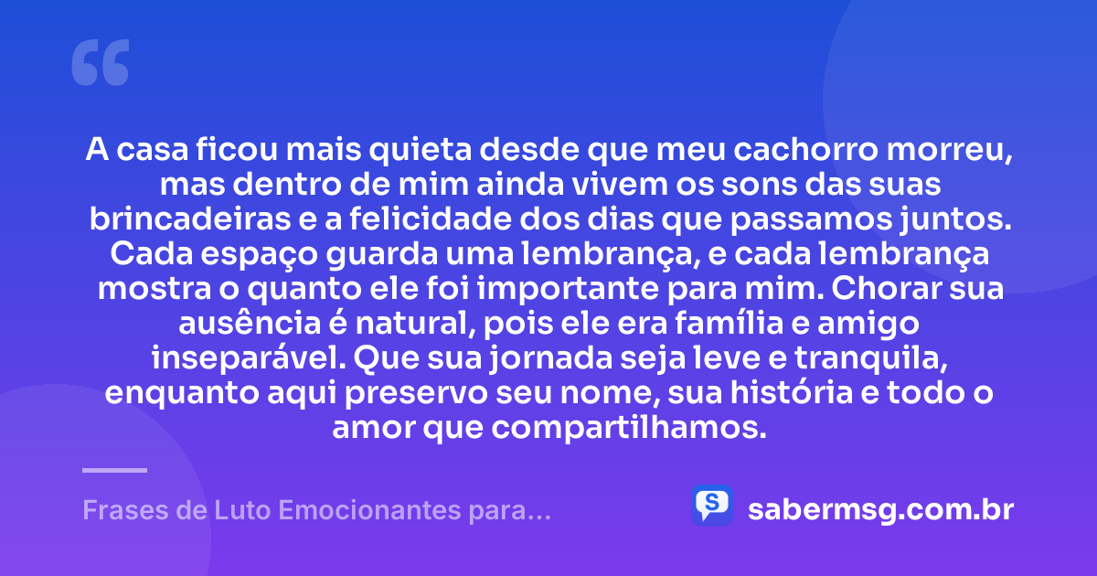 A casa ficou mais quieta desde que meu cachorro morreu, mas dentro de mim ainda vivem os sons das suas brincadeiras e a felicidade dos dias que passamos juntos. Cada espaço guarda uma lembrança, e cada lembrança mostra o quanto ele foi importante para mim. Chorar sua ausência é natural, pois ele era família e amigo inseparável. Que sua jornada seja leve e tranquila, enquanto aqui preservo seu nome, sua história e todo o amor que compartilhamos. — Frases de Luto Emocionantes para Cachorro que Morreu