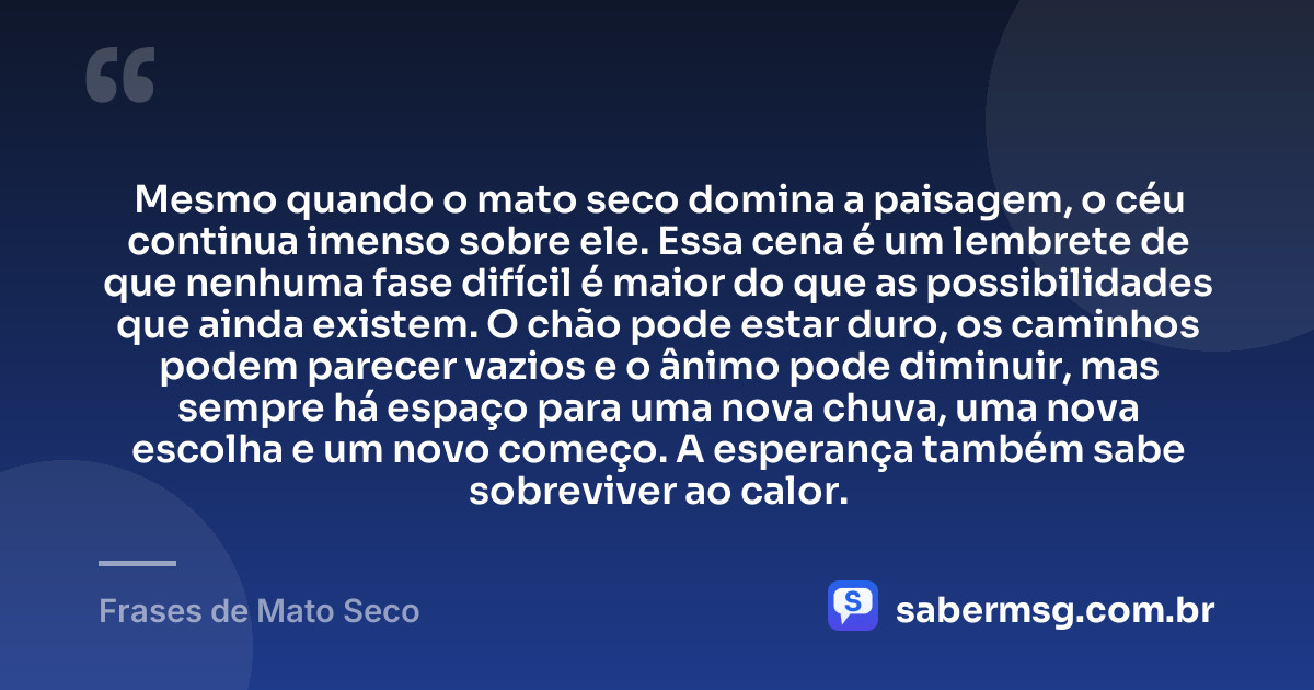 Mesmo quando o mato seco domina a paisagem, o céu continua imenso sobre ele. Essa cena é um lembrete de que nenhuma fase difícil é maior do que as possibilidades que ainda existem. O chão pode estar duro, os caminhos podem parecer vazios e o ânimo pode diminuir, mas sempre há espaço para uma nova chuva, uma nova escolha e um novo começo. A esperança também sabe sobreviver ao calor. — Frases de Mato Seco