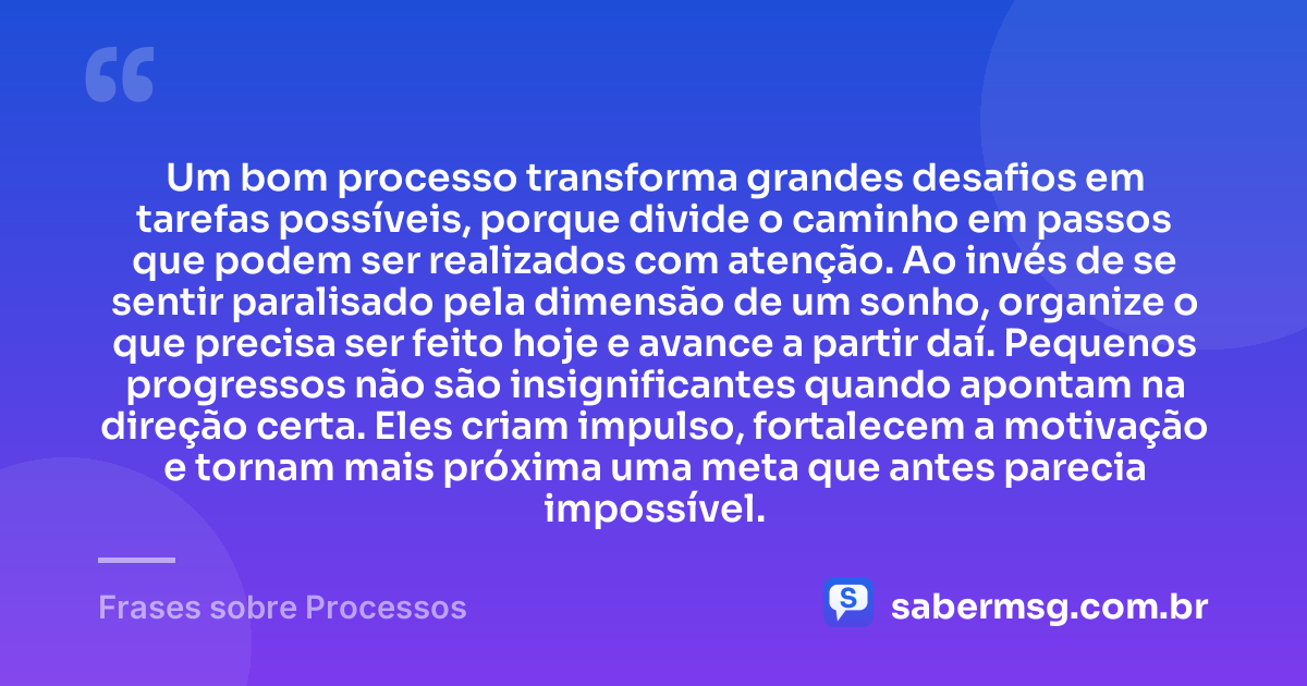 Um bom processo transforma grandes desafios em tarefas possíveis, porque divide o caminho em passos que podem ser realizados com atenção. Ao invés de se sentir paralisado pela dimensão de um sonho, organize o que precisa ser feito hoje e avance a partir daí. Pequenos progressos não são insignificantes quando apontam na direção certa. Eles criam impulso, fortalecem a motivação e tornam mais próxima uma meta que antes parecia impossível. — Frases sobre Processos