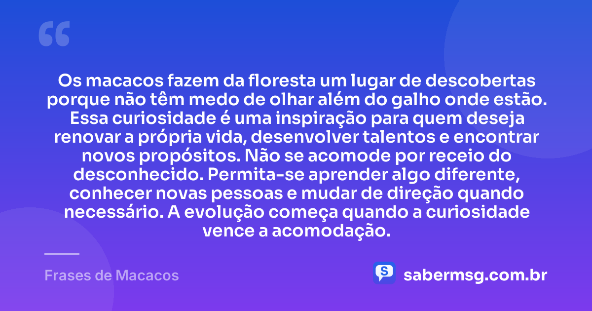 Os macacos fazem da floresta um lugar de descobertas porque não têm medo de olhar além do galho onde estão. Essa curiosidade é uma inspiração para quem deseja renovar a própria vida, desenvolver talentos e encontrar novos propósitos. Não se acomode por receio do desconhecido. Permita-se aprender algo diferente, conhecer novas pessoas e mudar de direção quando necessário. A evolução começa quando a curiosidade vence a acomodação. — Frases de Macacos