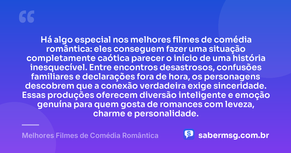 Há algo especial nos melhores filmes de comédia romântica: eles conseguem fazer uma situação completamente caótica parecer o início de uma história inesquecível. Entre encontros desastrosos, confusões familiares e declarações fora de hora, os personagens descobrem que a conexão verdadeira exige sinceridade. Essas produções oferecem diversão inteligente e emoção genuína para quem gosta de romances com leveza, charme e personalidade. — Melhores Filmes de Comédia Romântica