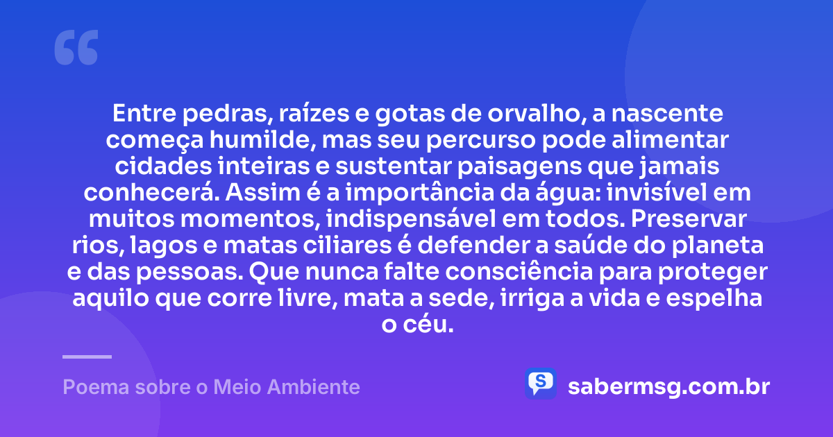 Entre pedras, raízes e gotas de orvalho, a nascente começa humilde, mas seu percurso pode alimentar cidades inteiras e sustentar paisagens que jamais conhecerá. Assim é a importância da água: invisível em muitos momentos, indispensável em todos. Preservar rios, lagos e matas ciliares é defender a saúde do planeta e das pessoas. Que nunca falte consciência para proteger aquilo que corre livre, mata a sede, irriga a vida e espelha o céu. — Poema sobre o Meio Ambiente