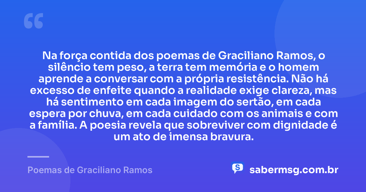 Na força contida dos poemas de Graciliano Ramos, o silêncio tem peso, a terra tem memória e o homem aprende a conversar com a própria resistência. Não há excesso de enfeite quando a realidade exige clareza, mas há sentimento em cada imagem do sertão, em cada espera por chuva, em cada cuidado com os animais e com a família. A poesia revela que sobreviver com dignidade é um ato de imensa bravura. — Poemas de Graciliano Ramos
