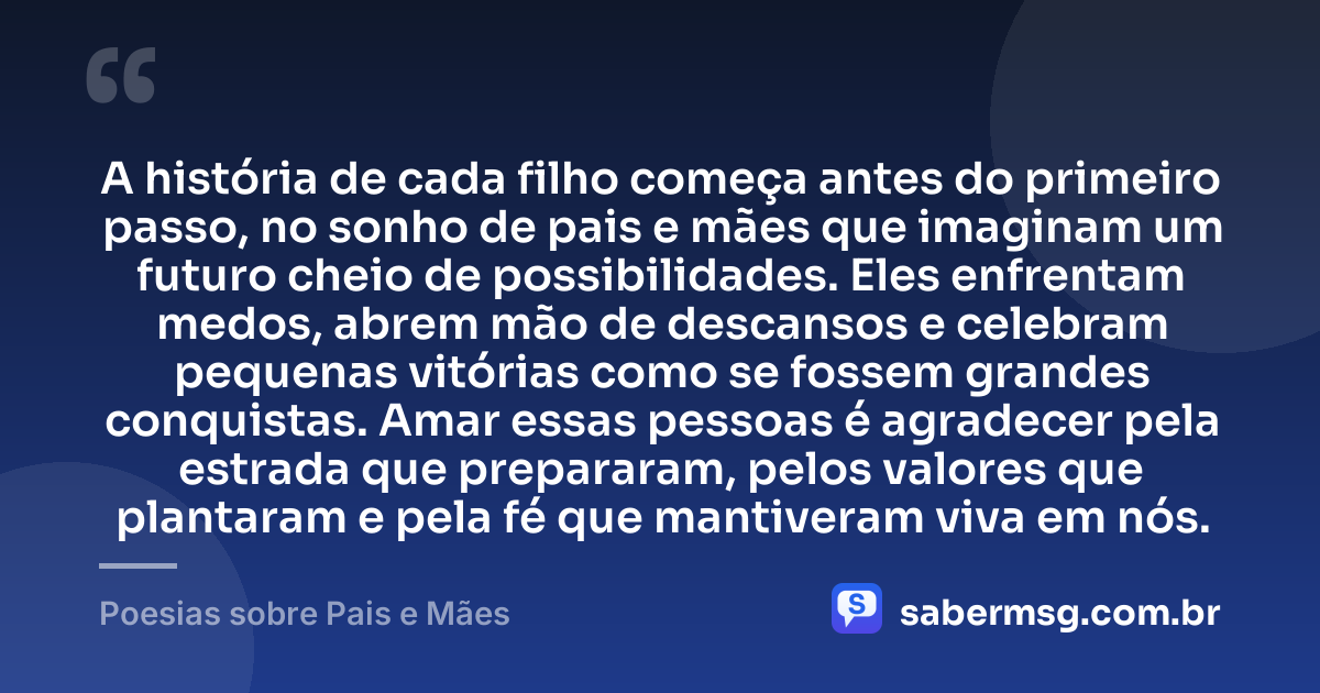 A história de cada filho começa antes do primeiro passo, no sonho de pais e mães que imaginam um futuro cheio de possibilidades. Eles enfrentam medos, abrem mão de descansos e celebram pequenas vitórias como se fossem grandes conquistas. Amar essas pessoas é agradecer pela estrada que prepararam, pelos valores que plantaram e pela fé que mantiveram viva em nós. — Poesias sobre Pais e Mães