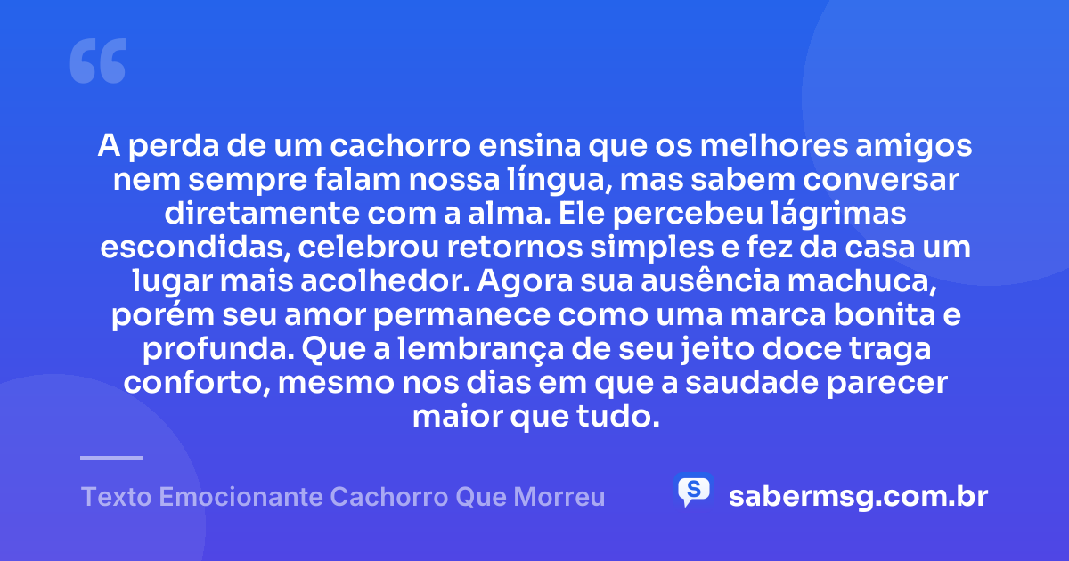 A perda de um cachorro ensina que os melhores amigos nem sempre falam nossa língua, mas sabem conversar diretamente com a alma. Ele percebeu lágrimas escondidas, celebrou retornos simples e fez da casa um lugar mais acolhedor. Agora sua ausência machuca, porém seu amor permanece como uma marca bonita e profunda. Que a lembrança de seu jeito doce traga conforto, mesmo nos dias em que a saudade parecer maior que tudo. — Texto Emocionante Cachorro Que Morreu